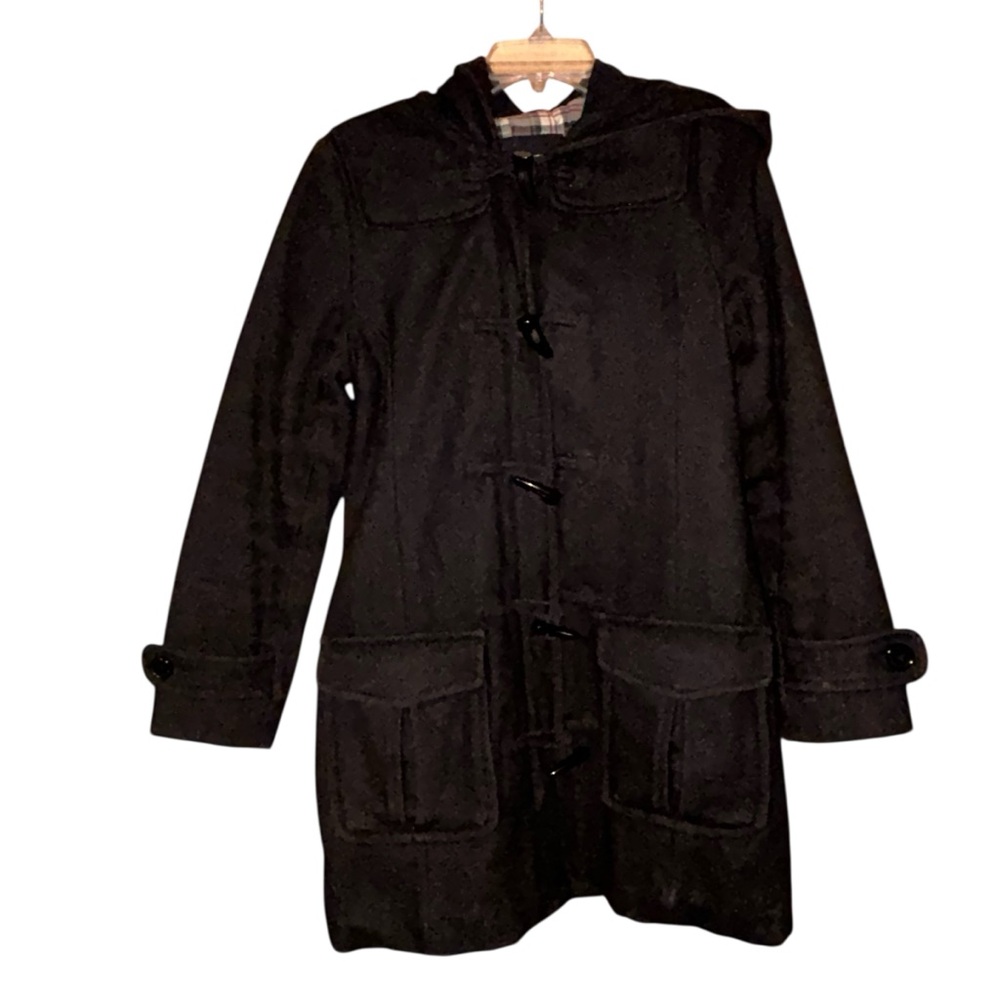 H&M L.O.G.G. Black Wool Blend Toggle Duffle‎ Coat Womens 8 Hooded Winter Jacket